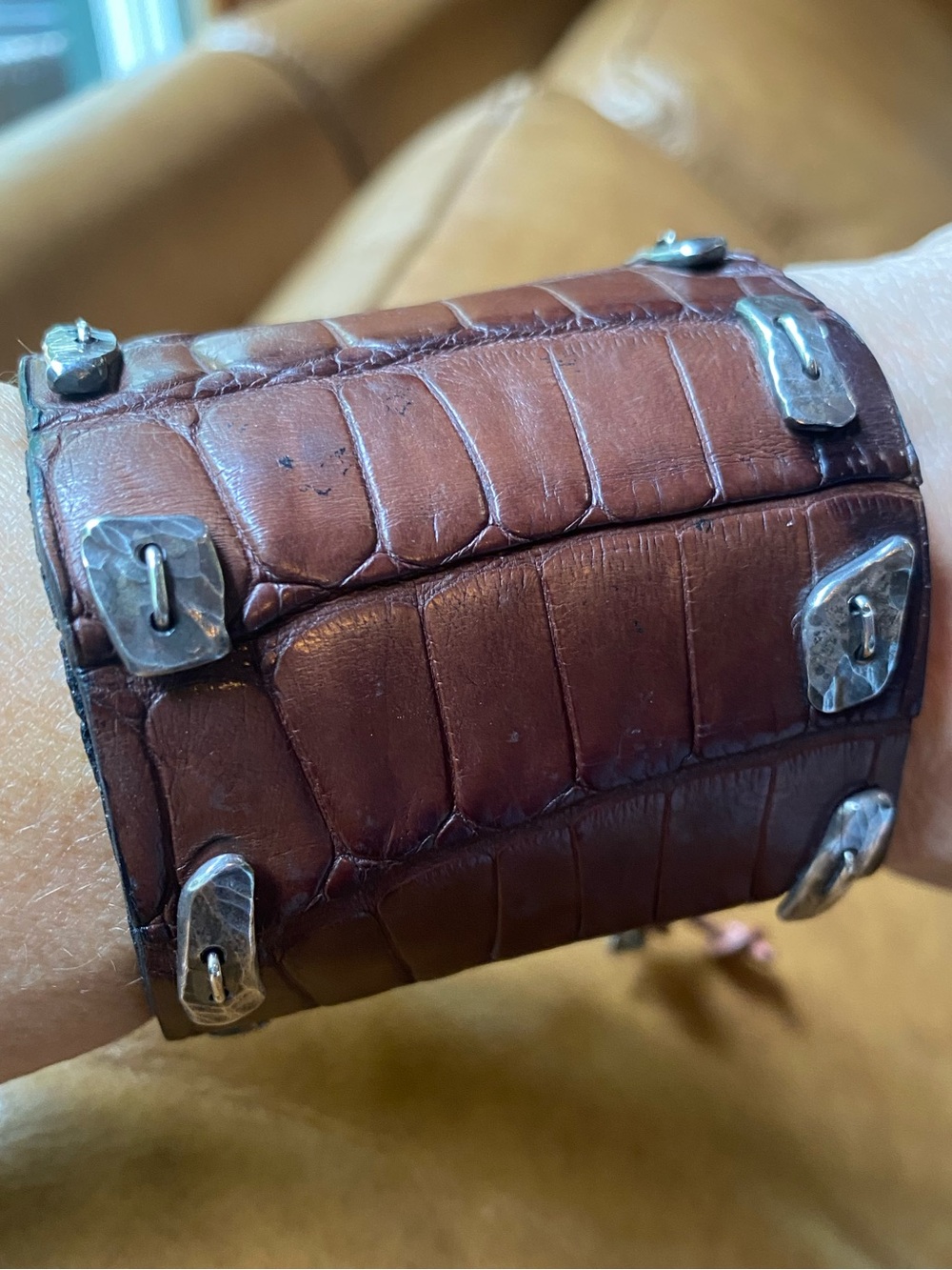 Artisan Brutalist Sterling & Genuine Alligator Cuff Adjustable 5.5" to 7" Wrists